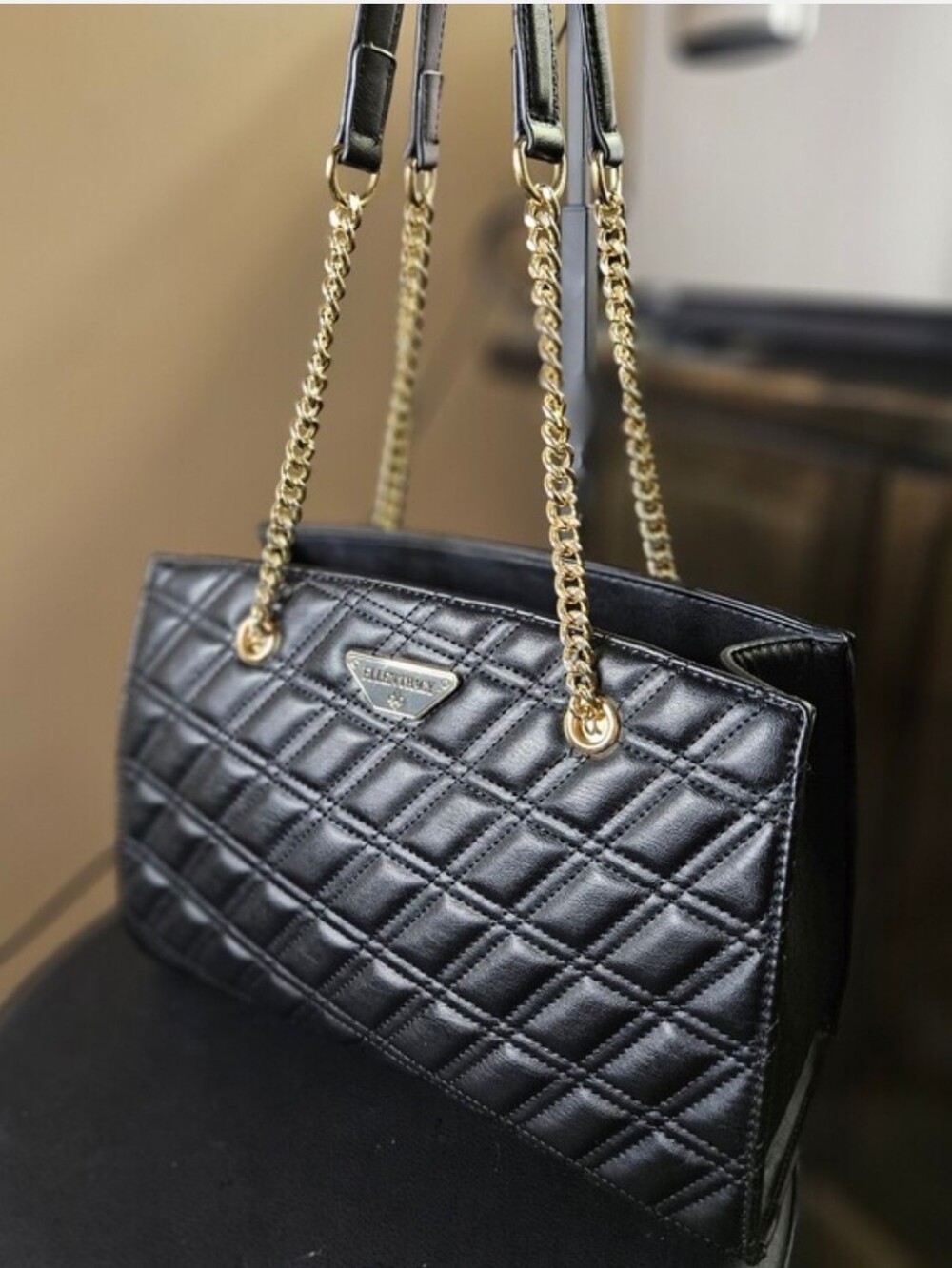Ellen Tracy Black Quilted Leather Shoulder Bag with Gold Chain Straps